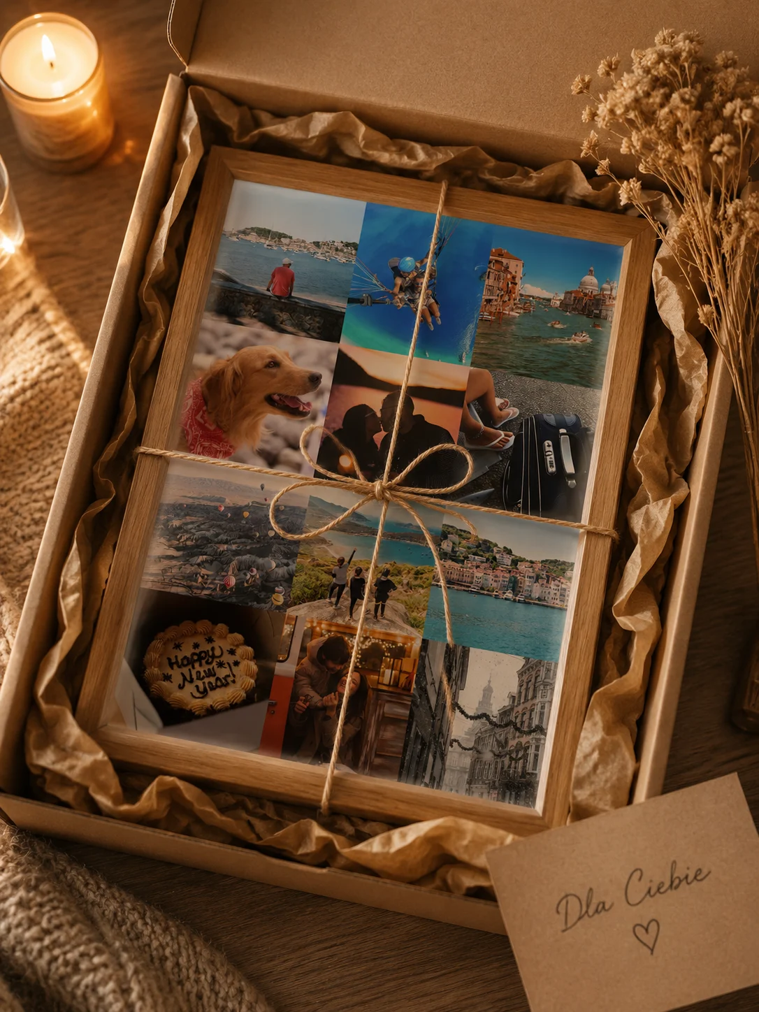 Ramka Polaroid z nostalgicznym kolażem zdjęć podróży i wspomnień — personalizowana ramka LoreFrame, dąb 15x20 cm