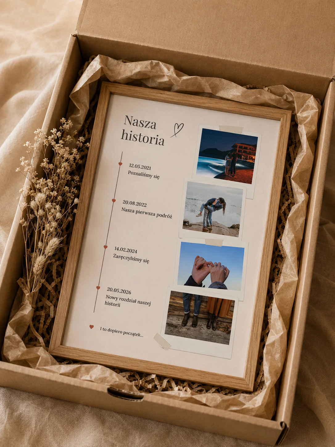 Ramka Nasza historia z romantycznym timeline i zdjęciami — personalizowana ramka LoreFrame, dąb 15x20 cm